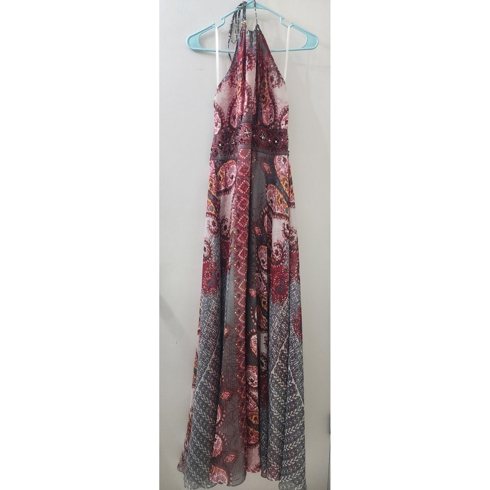 Meghan Los Angeles Boho Embellished Halter Maxi Dress Paisley Print Burgundy  6